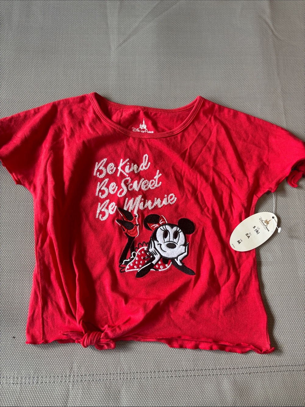 Disney parks Red Minnie Mouse Graphic Knot-Front Tee sz S 6 NWT